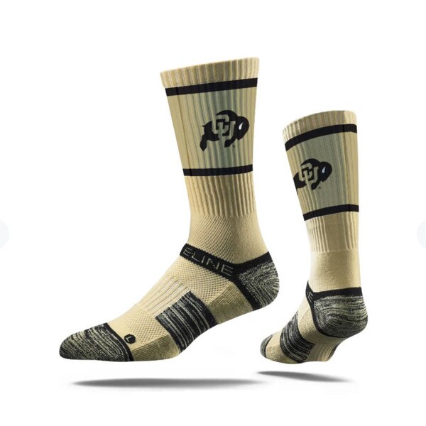 These socks are Gold. The toes, heels, and sides have black and gold marbled print. The ankle support strap is black and says Strideline. The CU Buffalo logo is Black and Gold with black stripes.